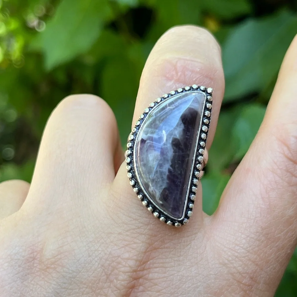 Size 6.75 925 silver plated half‎ moon amethyst ring